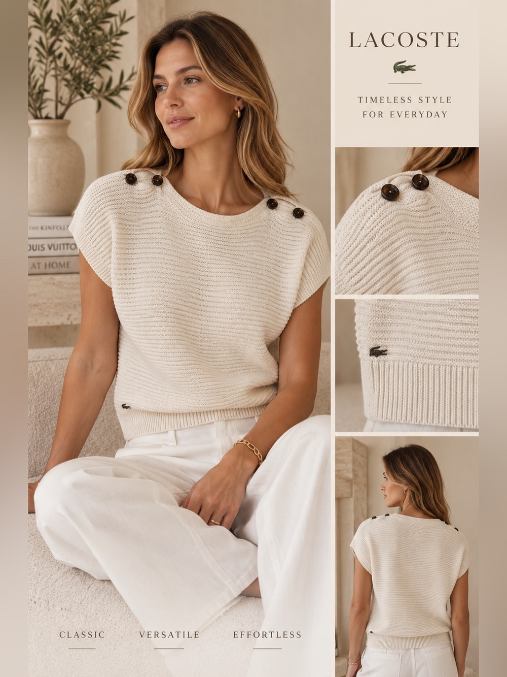 Lacoste Cream Cotton Wool Knit Sweater Size 36 Dolman Short Sleeve